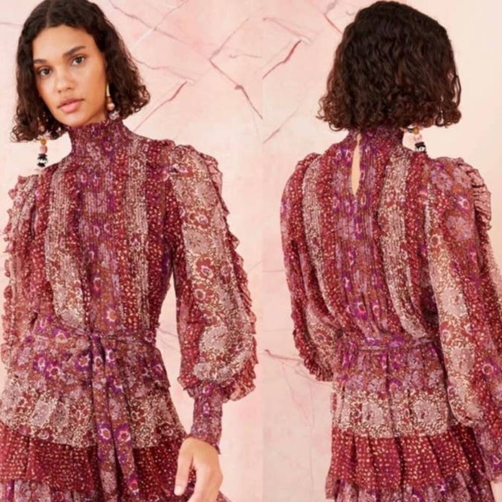 ULLA JOHNSON Elita Ruffle Long Sleeve Blouse Claret Patchwork Size 0 XS Preowned